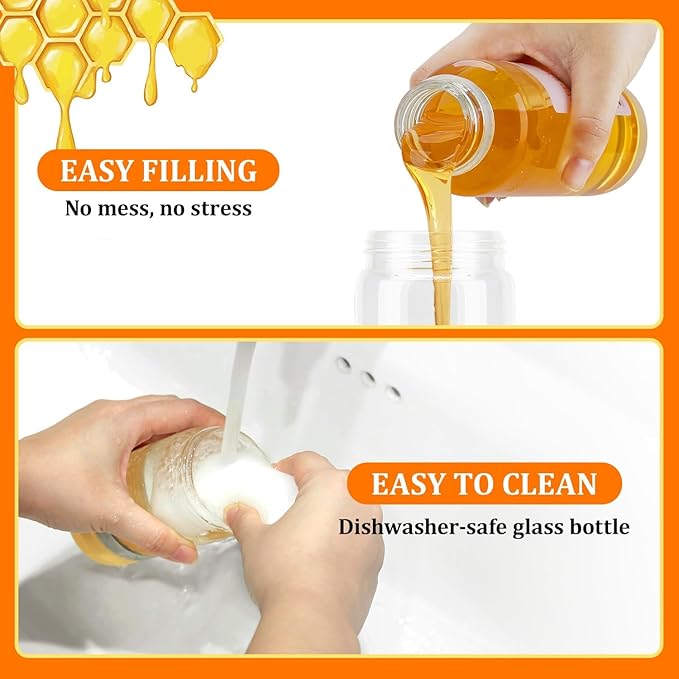 Aelga Honey Dispenser, Honey Dispenser No Drip 12 oz Glass Honey Jar with Handle, Easy Pour Syrup Dispenser for Coffee Bar, Tea & Kitchen Accessories (Yellow)