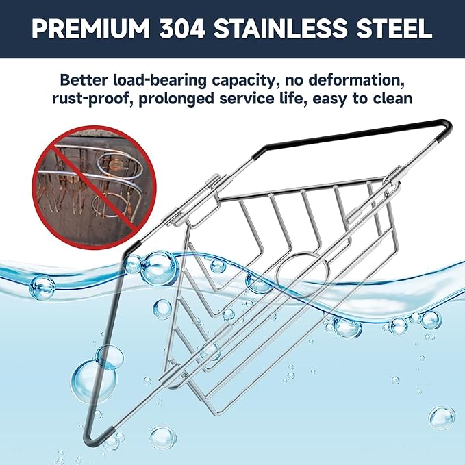 NiHome Extendable Arm Stainless Steel Kitchen Sink Corner Caddy, Easy Install Space-Saving Adjustable Sponge Holder for Most Square Standard Sinks, Non-Slip Rust-Resistant for Brushes, Soap, Sponges