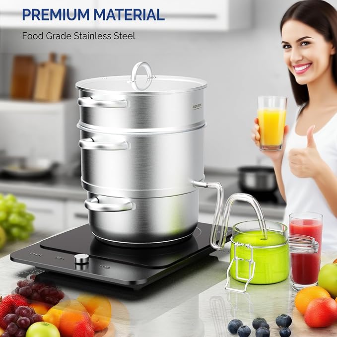 ROVSUN 5 Quart Juice Steamer Stainless Steel, Extractor Fruit Vegetables Juicer Steamer Pot, w/Tempered Glass Lid Clamp, Loop Handles, Ideal for Making Juice, Jelly, Pasta
