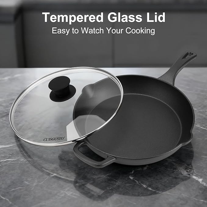 10 Inch Cast Iron Skillet with Tempered Glass Lid, Pre-Seasoned Cast Iron Pan, Silicone Handle Cover & Scraper, Great for Family Meals & Home Cooking