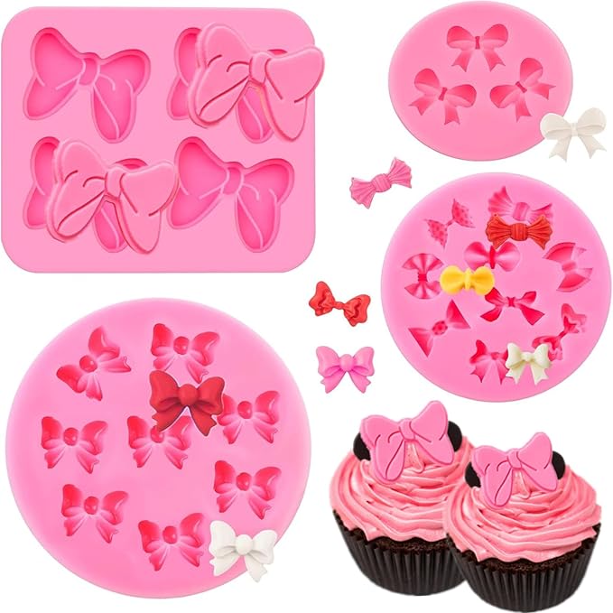 Puyeipt 4 Pcs Bow Silicone Mold, Mini Bows Fondant Molds, Chocolate Candy Silicone Molds for Cupcake Topper, Cake Pop Decoration and Clay Craft Making