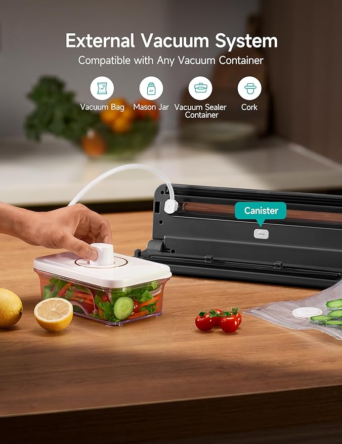 HiCOZY Compact Vacuum Sealer for Food, 5-in-1 Functions Vacuum Sealer with Double Heat Seal, Built-in Cutter, 10 BPA-Free Bags, Gray