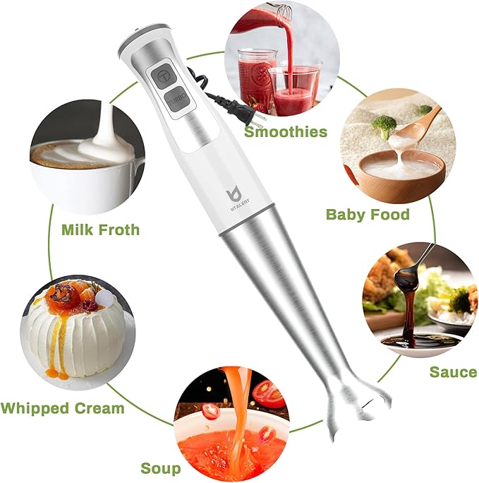 Immersion Hand Blender, UTALENT 5-in-1 8-Speed Immersion Blender with 500ml Food Grinder, 600ml Container,Milk Frother,Egg Whisk,Puree Infant Food, Smoothies, Sauces and Soups - White