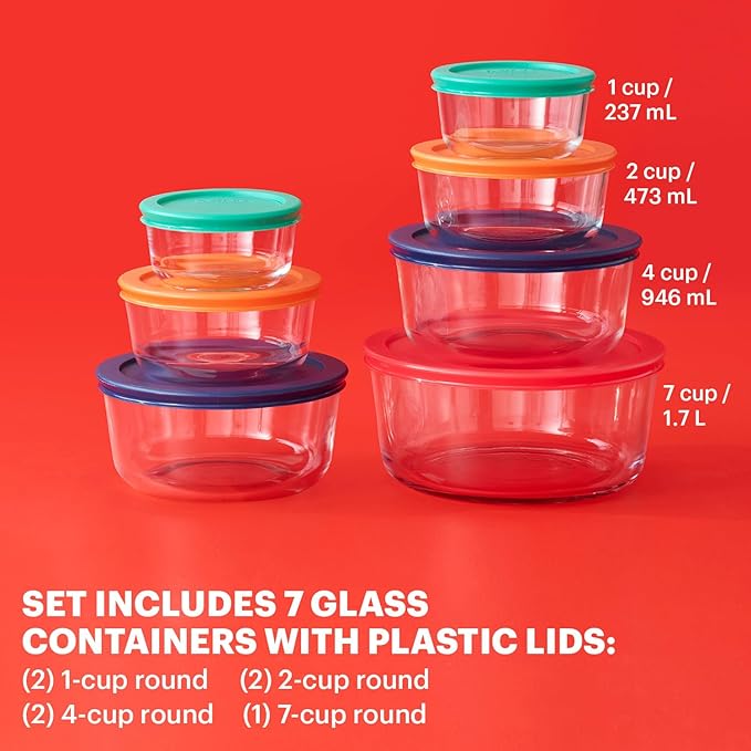 Pyrex Simply Store (7-Pack) Glass Food Storage Containers Set, (1, 2, 4 & 7 Cup) Meal Prep Containers With Plastic BPA-Free Lids, Dishwasher & Microwave Safe