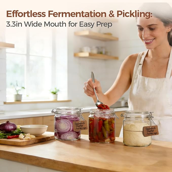 ComSaf 17oz Overnight Oats Containers with Lids 6-Pack, Wide Mouth Glass Jars for Meal Prep, 500ml Airtight Glass Canisters with Wire Clamp for Sourdough Starter, Fridge Pickling & Pantry Organization