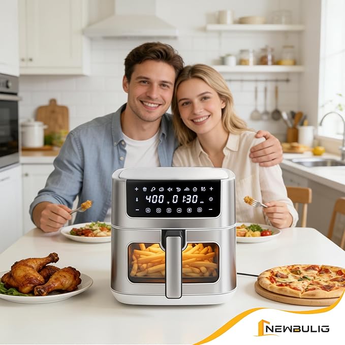 NEWBULIG Air Fryer 6.34QT, Airfryer with Visible Window, 400℉ Fast Heating Air Fryers Oven with Nonstick and Dishwasher-Safe Basket, 8-in-1 Cooking Preset, Timer，Auto-Off, Stainless Steel, White