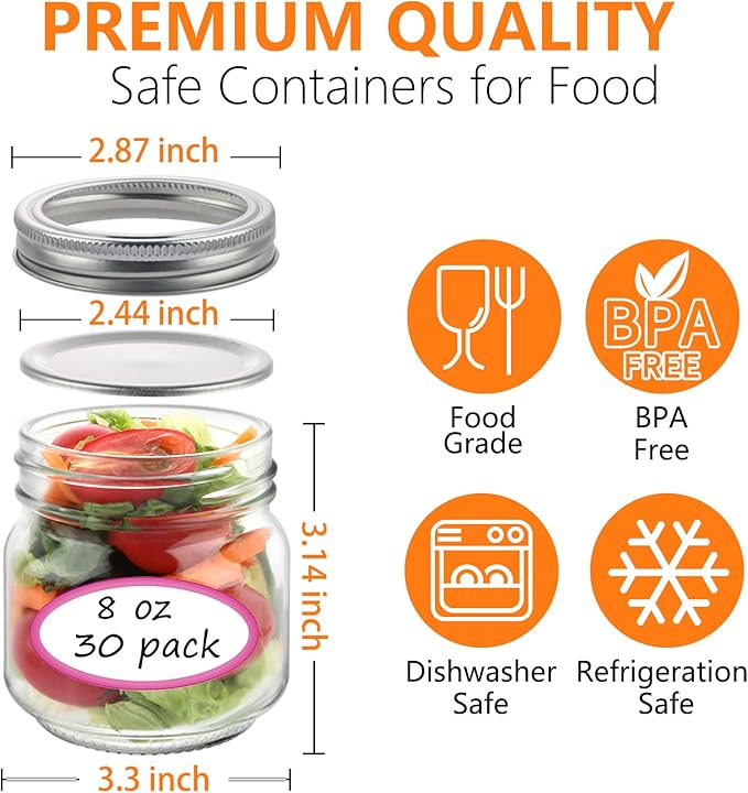 30 Pack Mason Jars 8 oz with Regular Lids and Bands, Half Pint Canning Jars, Small Glass Jars for Honey Jelly Jam Crafts