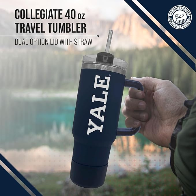 Campus Colors College & University 40 oz Travel Tumbler With Handle - Dual Option Lid With Straw - Vacuum Insulated Stainless Steel (Yale Bulldogs - Navy)