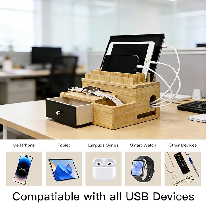 Bamboo Charging Organizer for Multi-Devices, with Drawer and Pen Holder, Nightstand Desk Charging Stations Electronic Organizer for Cell Phone, Tablet, Etc (with 5-Cable, No USB Charger)