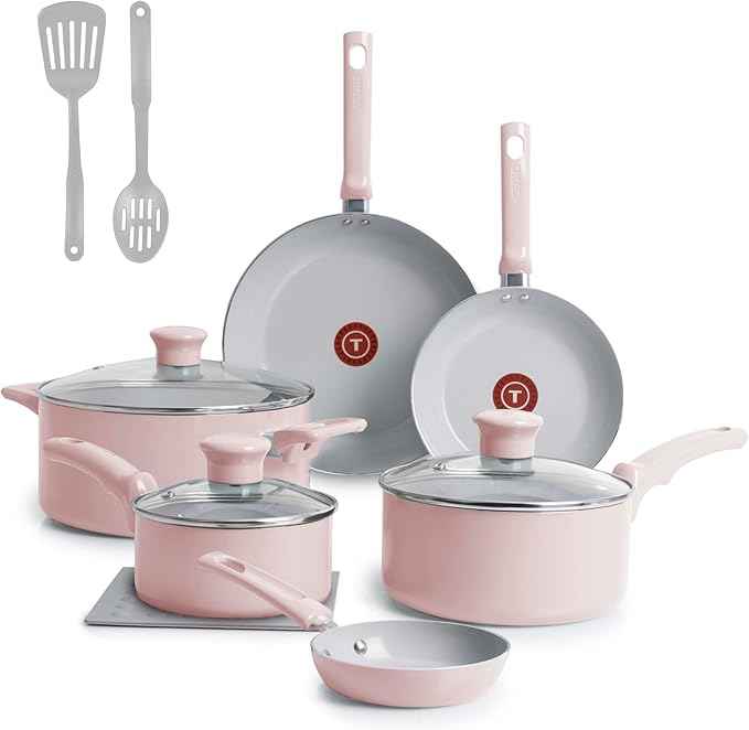 T-Fal Refresh Ceramic Nonstick Cookware Set, 12-Piece Ceramic Pots and Pans Set, Oven Safe to 350°F, Includes Stockpot, Griddle, Frying Pans, & Utensils, Dusty Rose