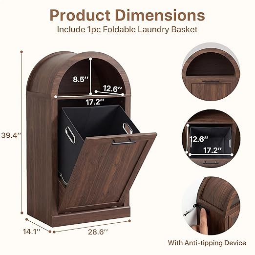 Arched Tilt-Out Trash Can Cabinet Set of 2,Laundry Hamper Cabinet with Foldable Laundry Basket,Wooden Hidden Garbage Can Cabinets with Metal Handle & Hooks,Walnut