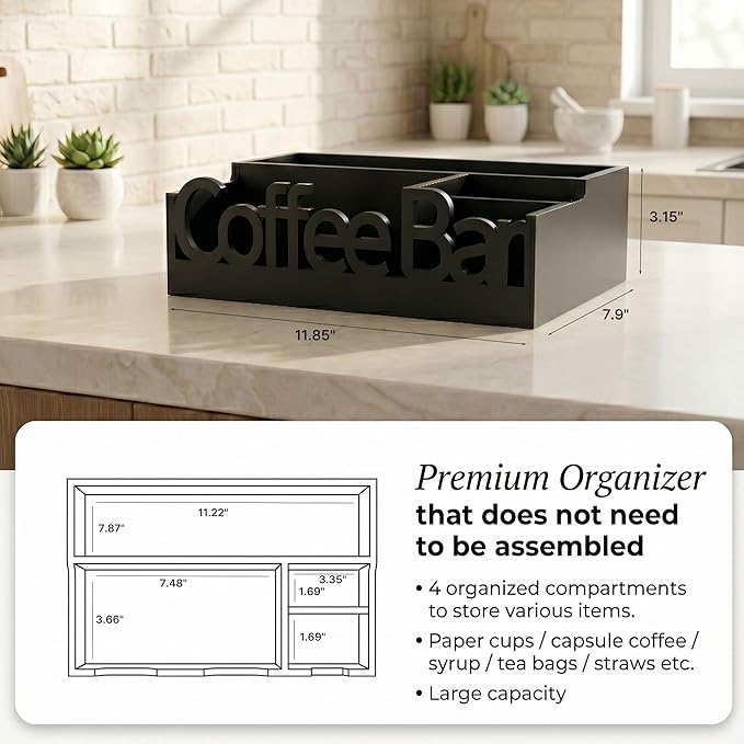 Coffee Bar Organizer for Countertop – Wooden Coffee Caddy with Compartments for Pods, Sugar Packets, and Accessories – Coffee Condiment Station Storage for Home and Office (Black)