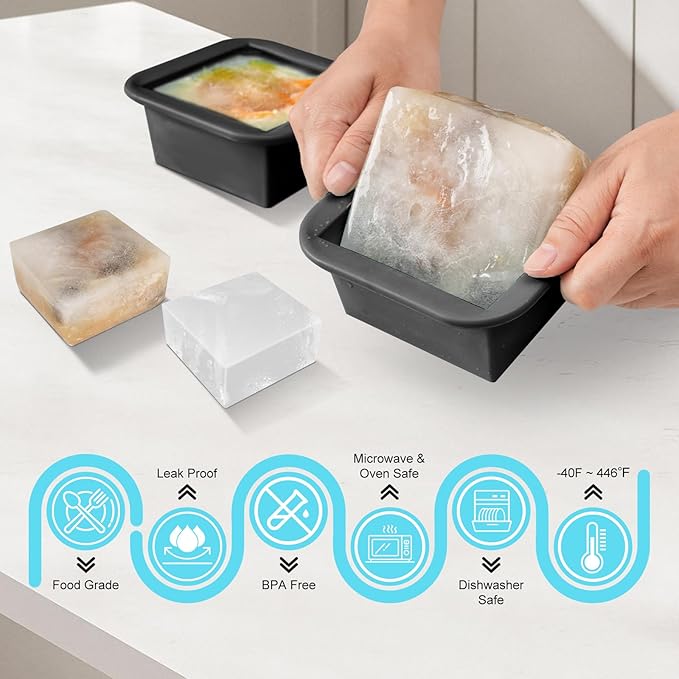 Silicone Freezer Tray with Lid 4 Pack Silicone Freezer Molds Ice Cube Tray Makes 4 Perfect 2 Cup Portions Soup Cubes Meal Prep Containers- Oven & Dishwasher Safe