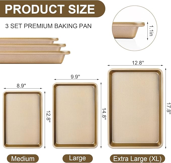 Baking Sheet Pan Set of 3 | Nonstick Cookie Sheets for Baking Supplies | No Rust & No Toxic Carbon Steel Half Sheet Pan+Jelly Roll Pan+Quarter Sheet Pan Set | Heavy Duty Baking Tray for Oven