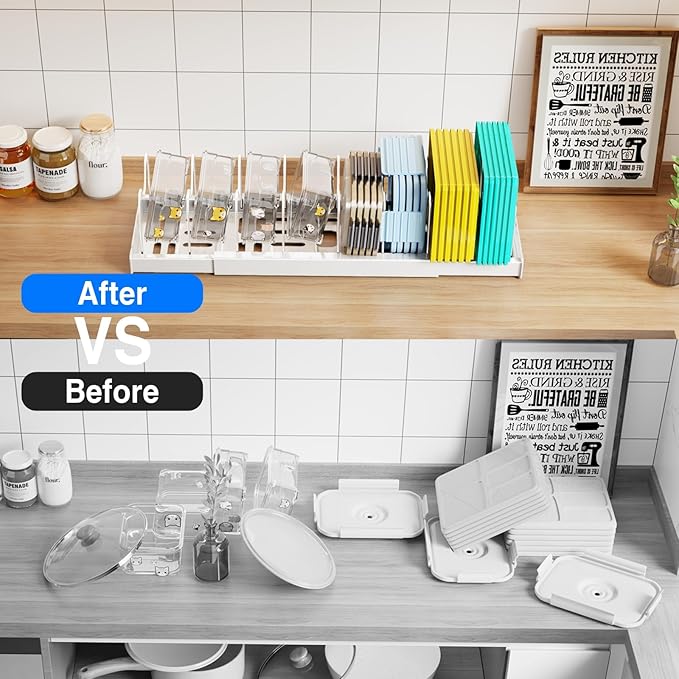 Mustorn 2 Pack Pots and Pans Organizer Under Cabinet, 22" Expandable Food Storage Container Lid Organizers with 9 Adjustable Dividers Pot and Pan Lid Holders Rack Inside Cabinet/Countertop(White)