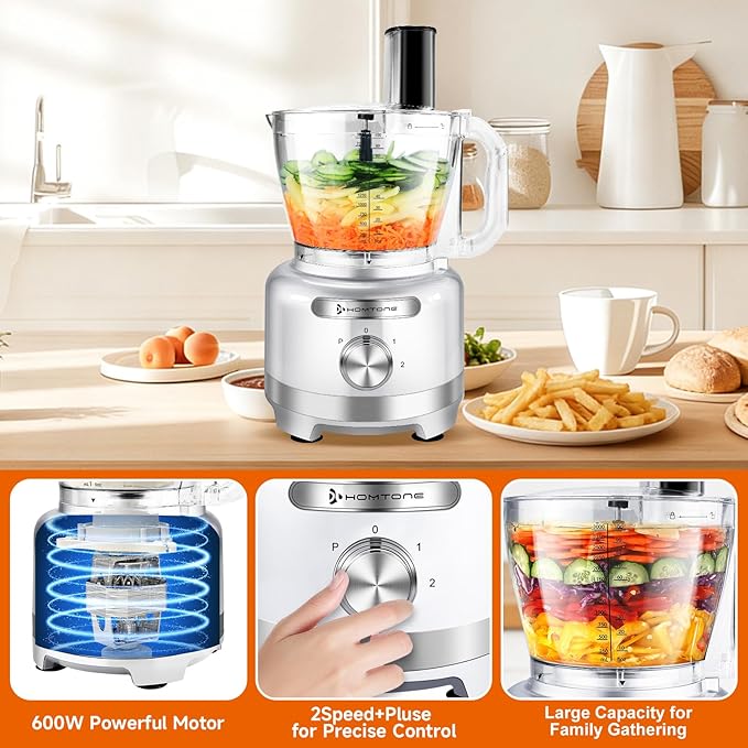 Homtone Large Food Processor 16-Cup 9-IN-1 Food Processing for Home Meal Prep, 3-Speed, 7 Blades for Shredding, Slicing, Chopping, Kneading, Emulsifying, French Fry Disc, Dishwasher Safe, Silver