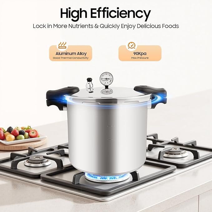 22L/23 Quart Thickened Explosion-proof Pressure Cooker, W/Gauge & Release Valve, Aluminum Alloy Cookware, Serving Up To 30 People, For Large Families Or Gatherings Silver