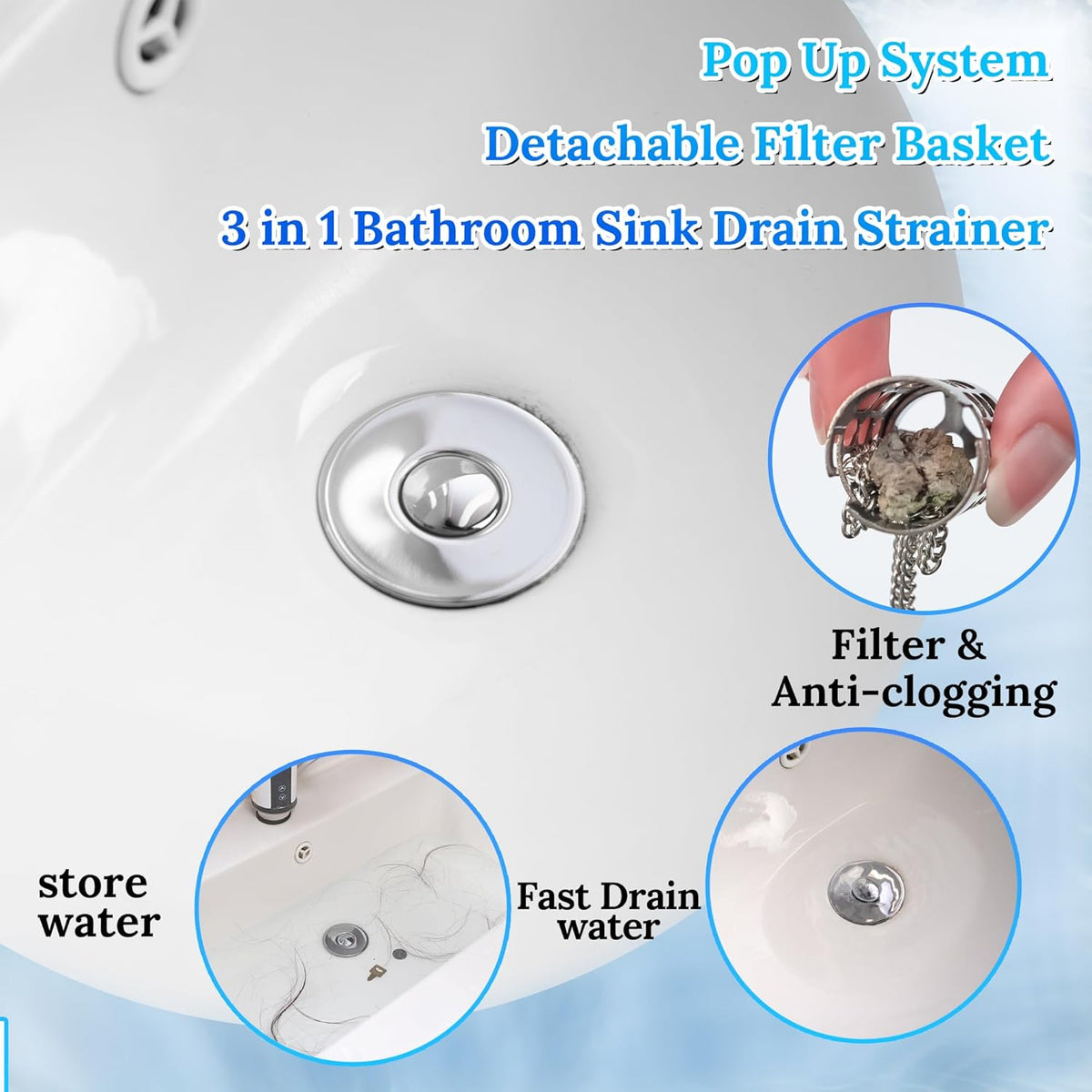 3 in 1 Bathroom Sink Drain Strainer,Universal Pop Up Bathroom Sink Stopper Hair Catcher,with Filter Basket Sealing Ring for Anti-Clogging Odor-Proof,Easy Install Drain Catcher for 1.06”~1.61” Hole