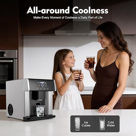 Ice Maker Dispenser, 2-in-1 Ice Maker Machine Countertop with Self-Cleaning Self-Dispensing Touch Control Status Warning Light & Translucent Visual Window Nugget Ice Maker for Homes Cafes Offices Etc