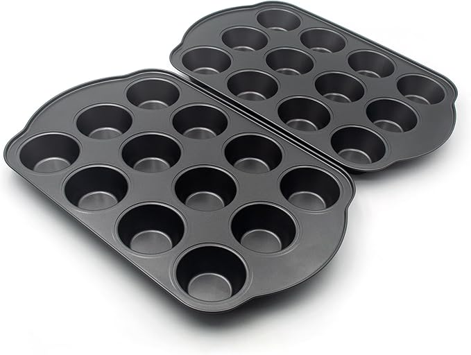 Non-Stick Standard Muffin Pans, 2.95" 12-Cup Set of 2 Baking Pans, Heavy Duty Carbon Steel Tins for Standard Muffins & Cupcakes