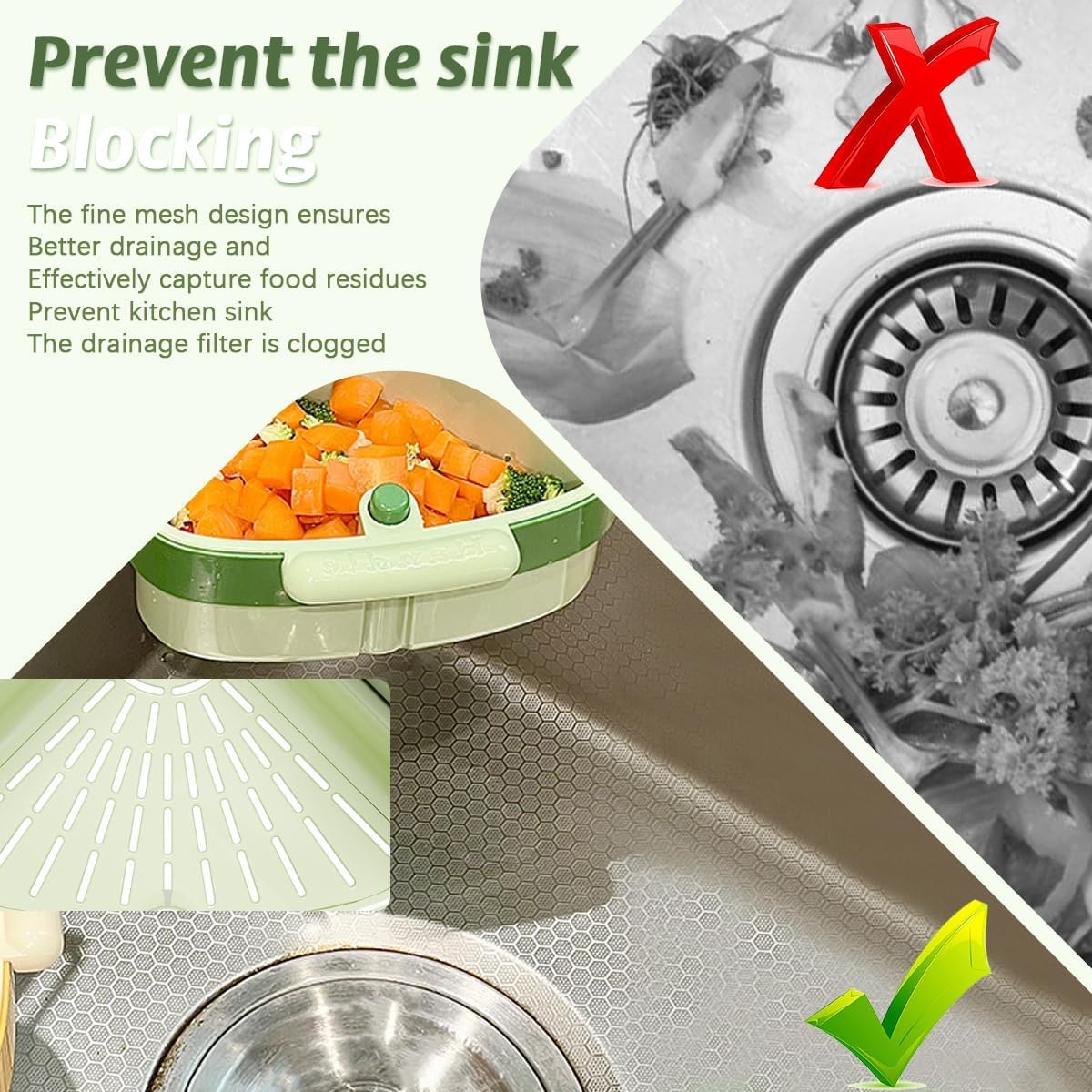 Suction Cup Sink Corner Rack, 2025 Upgraded Self-Cleaning Sink Strainer Basket, Removable Food Waste Catcher with Drain Hole, Say Goodbye to Gross Food Scraps and Smelly Sinks (Green)