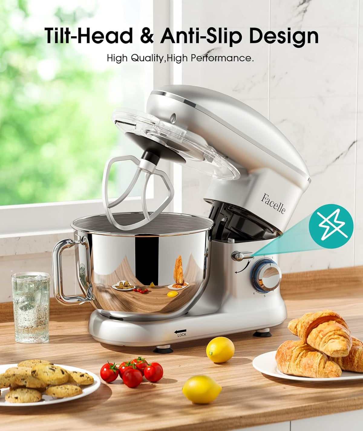 Facelle Stand Mixer, Electric Kitchen Mixer, 6 Speed Tilt-Head Stand Mixer with Pulse, Attachments include 6.5QT Bowl, Dishwasher Safe Beater, Dough Hook, Whisk for Dough, Baking,Cakes, Cookie -Silver