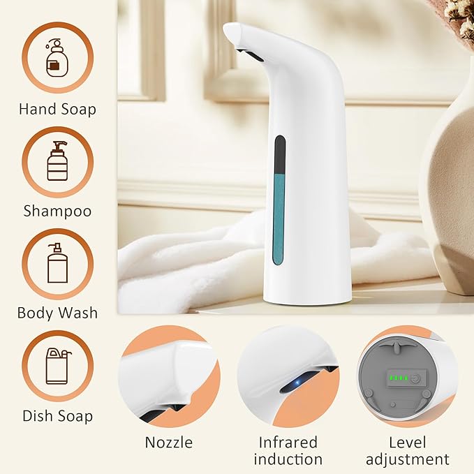 Automatic Soap Dispenser Touchless,400ML Hand & Dish Countertop Electric Liquid Rechargeable Dispenser with Sensor,Modern 4 Gear Adjustable Waterproof Kitchen Auto Soap Pump（White）