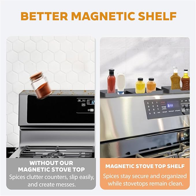15 Inch Magnetic Silicone Stove Top Shelf, Heat Resistant Spice Rack for Kitchen, Space Saving Organizer with 3 Sticky Pads, Fits Back of Stove (Light Grey, 15" x 3.8")