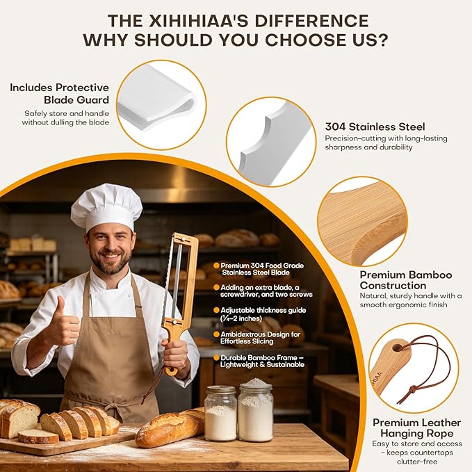 Adjustable Bread Knife for Homemade Bread Sourdough, 304 Stainless Steel Bread Slicer with Precision Slicing Guide, Bamboo Handle Bow Bread Knife with Extra Blade, Manual Bread Cutter Gift for Bakers