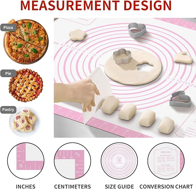 Silicone Pastry Mat for Dough Rolling, Extra Large Silicone Baking Mat with Measurements, Baking sheet for Cookies Fondant Pie Crust, Pink 28X20 INCH