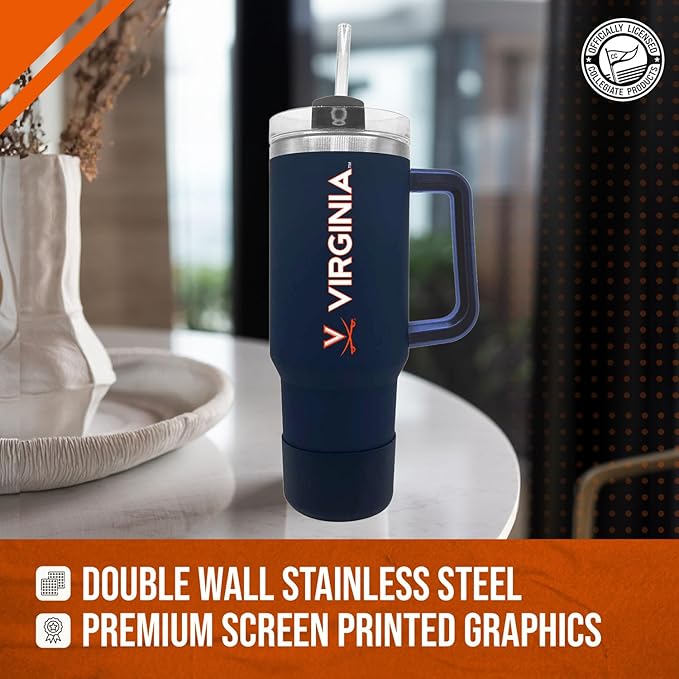 Campus Colors College & University 40 oz Travel Tumbler With Handle - Dual Option Lid With Straw - Vacuum Insulated Stainless Steel (Virginia Cavaliers - Navy)