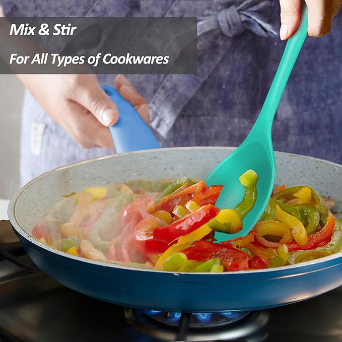 Silicone Spoons for Cooking - Extra Large Kitchen Spoons for Mixing, Serving, & Stirring - 600°F Heat-Resistant Non Stick Utensils Ladle & Skimmer- Dishwasher Safe, Teal
