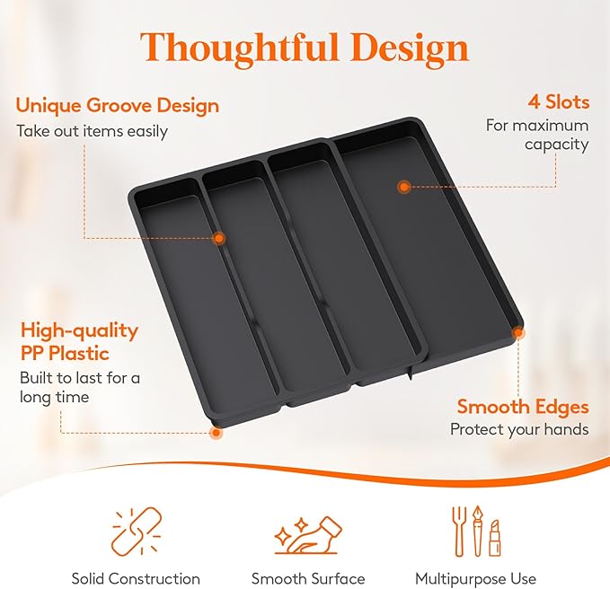Lifewit Utensil Organizer for Kitchen Drawer, Expandable Cooking Silverware Tray, Adjustable Cutlery Flatware Holder, Plastic Spatula Tools Storage Divider, 17.3 x 15.8", Black