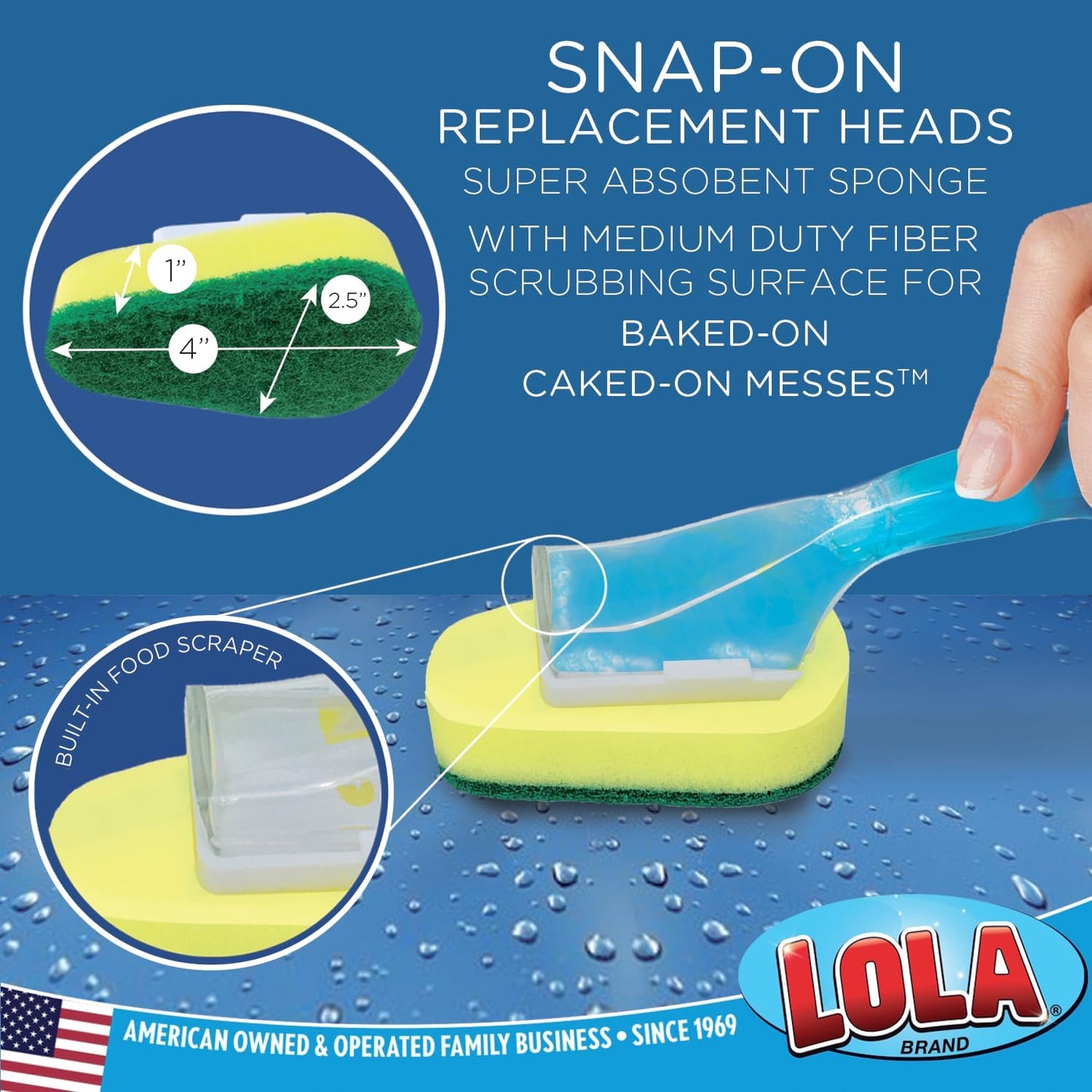Lola Products Soap Dispenser Dish Wand Sponge Head Refills, Super Absorbent Scrubber, Non-Scratch, for Cleaning Dishes, Sinks and Cookware, 2 Pack