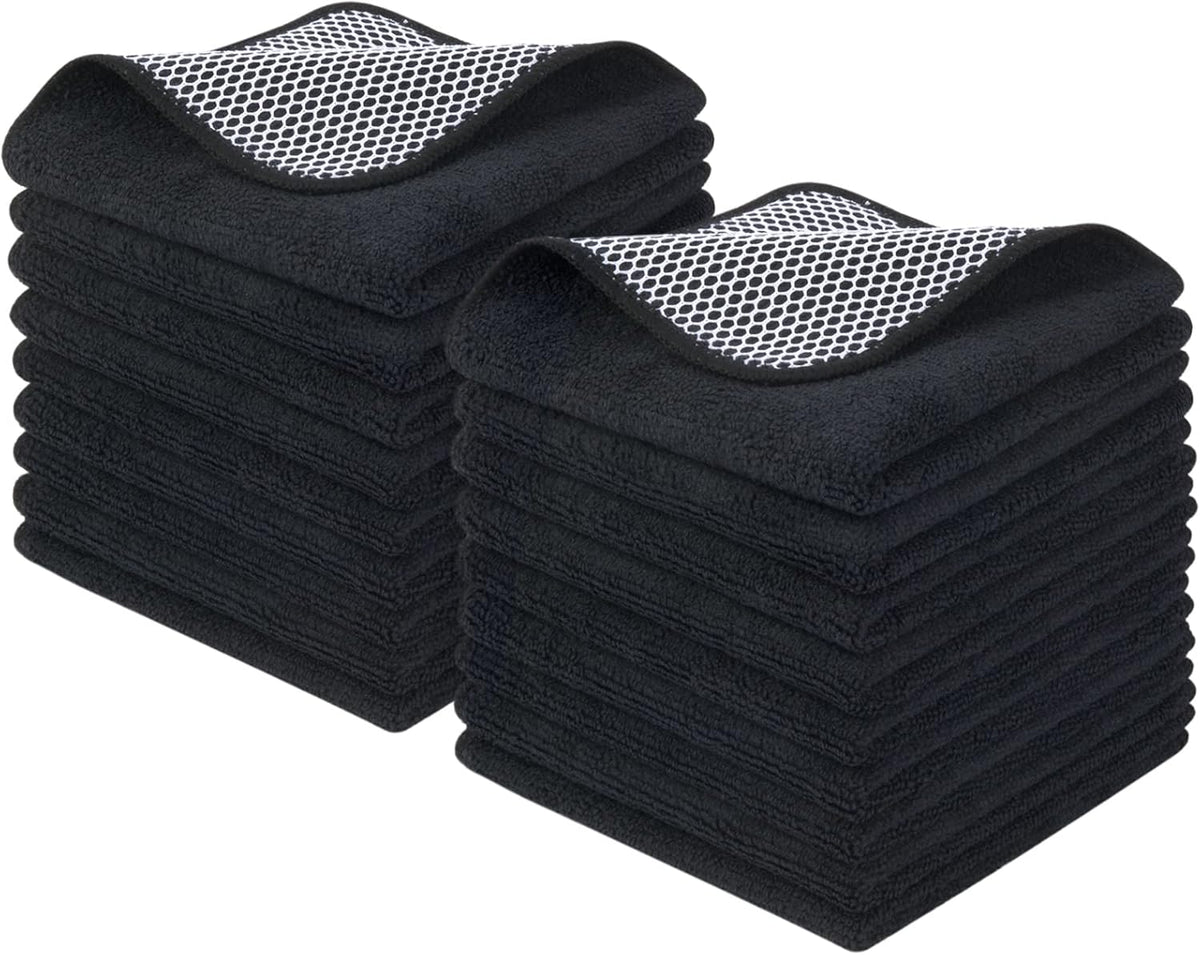 KinHwa Kitchen Washcloths for Dishes Absorbent Microfiber Dish Cloths Quick Dry Dish Rags with Poly Scour Scrub Side Ideal for Kitchen Cleaning (Black, 12inchx12inch 18 Pack)