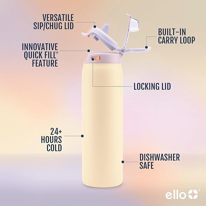 Ello Pop & Fill 32oz Stainless Steel Water Bottle with Quick Fill Technology, Double Walled and Vacuum Insulated Metal, Leak Proof Locking Lid, Sip and Chug, Reusable, BPA Free, Pastel Paradise