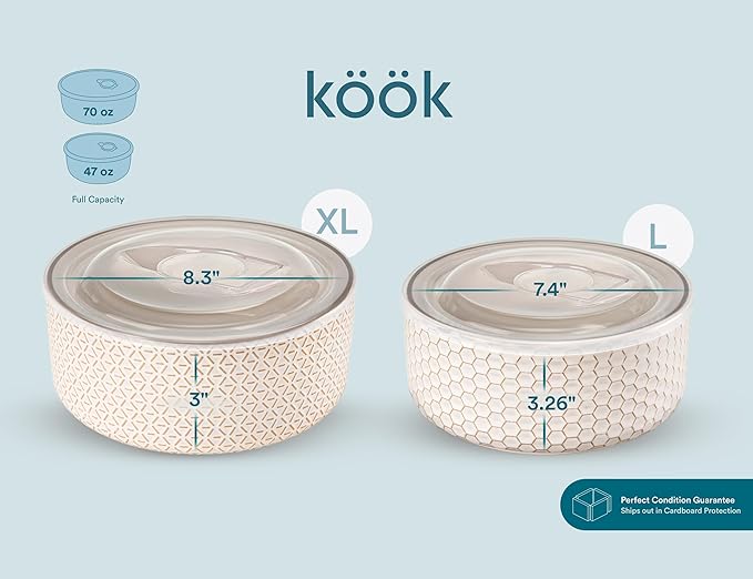 KooK Serving Bowls, with Lids, Ceramic Nesting Bowls, Set of 4, Embossed, Kitchen, Prep, Stackable, Gift, Microwave and Dishwasher Safe, 16/29/47/70 oz, Narbonne Collection (Ivory)