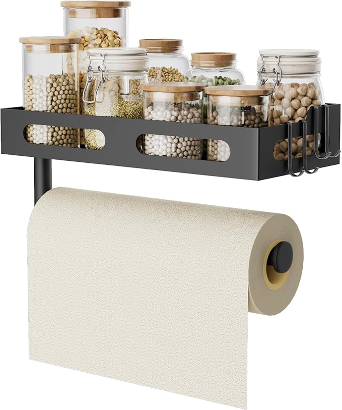 Paper Towel Holder Wall Mount for Kitchen, One-Handed Tear, Bathroom Paper Towel Holder with Shelf, RV Paper Towel Rack Wall Mount Paper Roll Holder with 4 Hooks, Matte Black