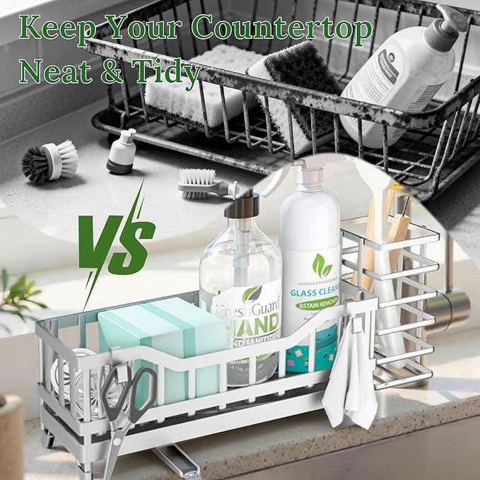 Sponge Holder for Kitchen Sink, Kitchen Sink Caddy with Long-Handled Dish Brushes Holder, 304 Rustproof Stainless Steel Countertop Organizers and Storage, Home Kitchen Sink Accessories(Silver)