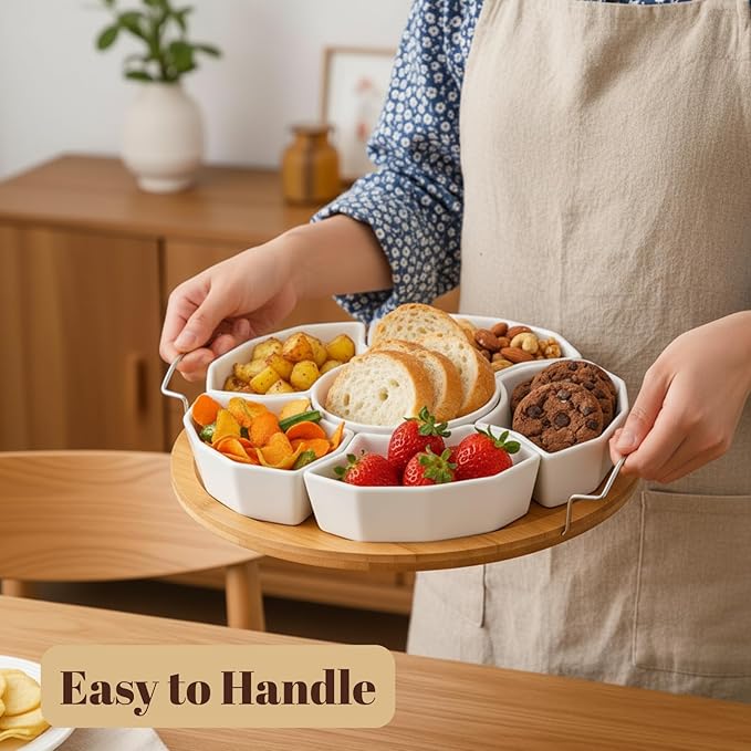 ZENFUN Chip and Dip Serving Set, 11'' Divided Serving Platters Tray for Party, 6-Compartment Removable Appetizer Snack Dishes, Round Sectional Serving Platter for Fruits, Condiment
