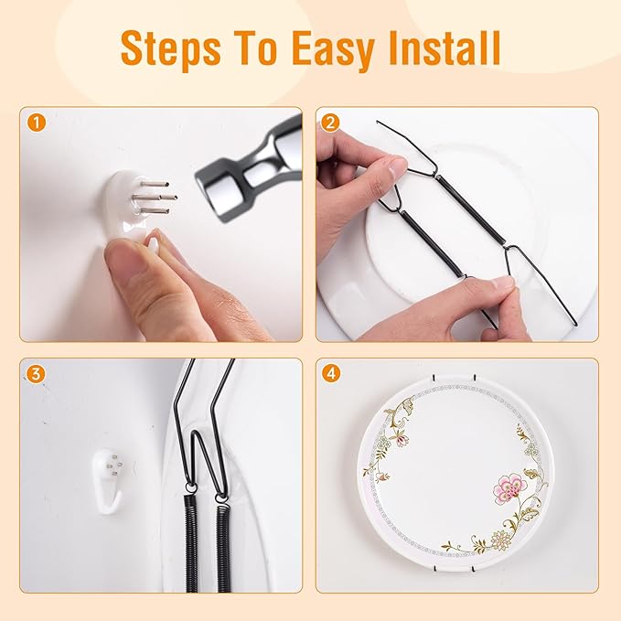 Plate Hangers for The Wall, Suitable for 8-10 inch Decorative Plate, Stainless Steel Wire Plate Holder with Wall Hooks and Rubber tip Protectors, Plate Hangers for Displaying Plates, Platter, Black