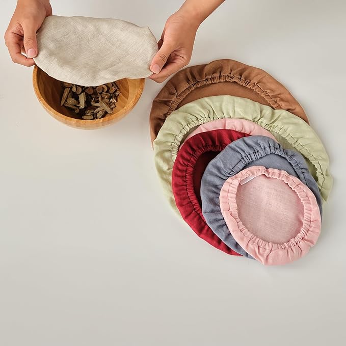 100% Pure Linen Bowl Covers For Bread Proofing, 4 Pcs Elastic Reusable Solid Color Cloth Fabric Bowl Covers,XL Organic Washable Large Stretch Sourdough Lids 6 * 8 * 10 * 12 Inches, Red