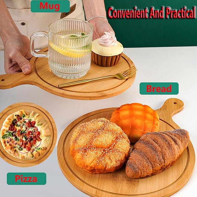 6 Pack Pizza Board Set – Premium Wooden Pizza Plates for Serving & Cutting, Round Bamboo Pizza Plate with Handle, Durable & Lightweight for Home & Restaurant (Up to 13 Inches),13inch