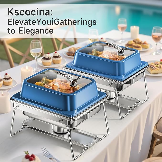 KScocina Chafing Dishes for Buffet, 4 Pack 5QT Square Stainless Steel Chafing Dish Set, Complete Buffet Warmer for Home Parties, Christmas & Catering Events (Blue)