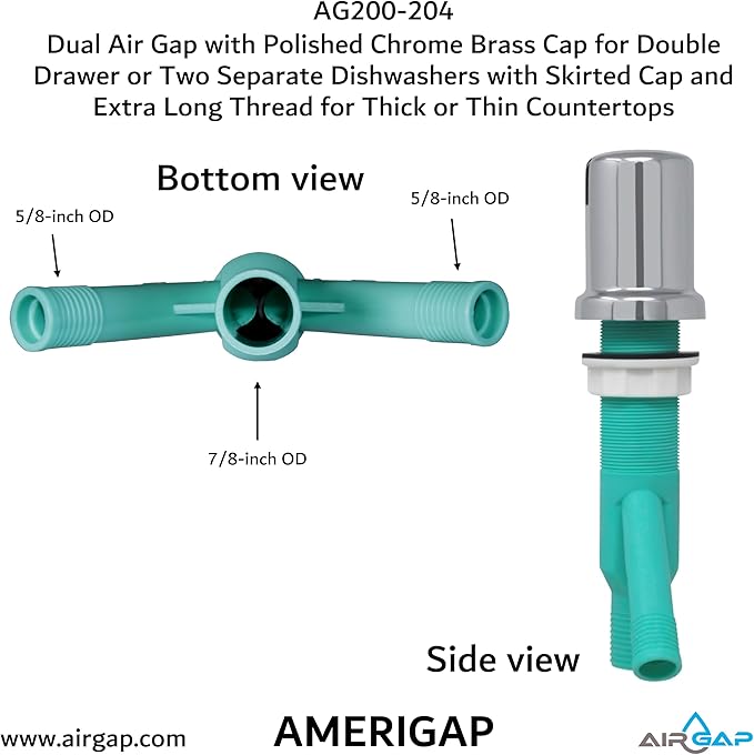 Dual Air Gap with Polished Chrome Brass Cap for Double Drawer or Two Separate Dishwashers with Skirted Cap and Extra Long Thread for Thick or Thin Countertops (AG200-204, AG200-X04, AMERIGAP)
