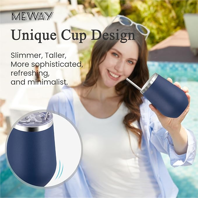 MEWAY 12oz Stainless Steel Wine Tumbler with Lid - Double Wall Vacuum Insulated Swig cups for Hot and Cold Drinks, Ideal for Coffee, Wine, Beer, gifts for Women under 10 dollars(Navy,Set of 4)