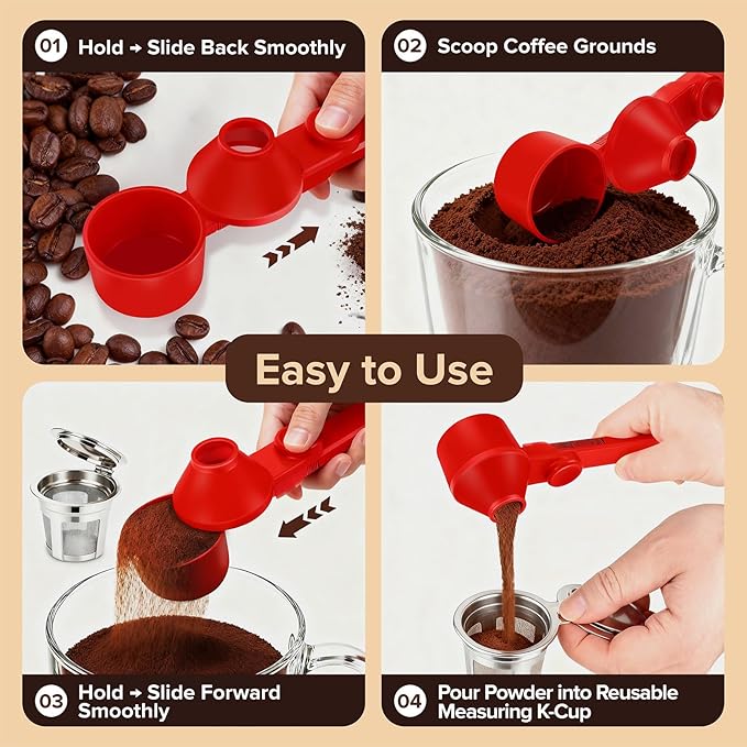 2Pcs Coffee Scoop Funnel 2Tbsp, BPA-Free PCTG, Dishwasher Safe | 51mm Tamper Kit | Fits K-Cup Reusable Pods, Brewer Compatible, Coffee/Protein/Powder, Red, 2 Models A&B