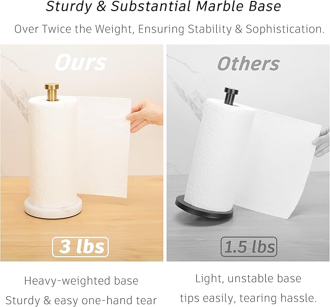 Paper Towel Holder Countertop, Heavy Weighted Marble Gold Paper Towels Holder for Kitchen Counter,Modern Standing Papertowel Roll Holders(Brushed Gold Stainless Steel Bar, White Natural Marble Base)