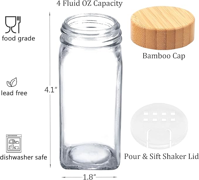 SWOMMOLY 24 Pcs Glass Spice Jars with Labels, Square Spice Jars with Bamboo Lids, 4 oz Empty Spice Bottles with Shaker Lids, Seasoning Spice Storage Containers Bottles