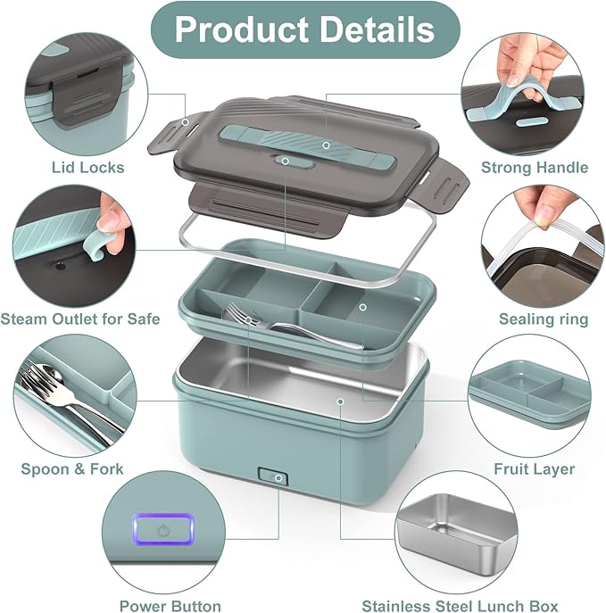 Herrfilk Electric Lunch Box Food Heater 100W, 4 in 1 Ultra Quick Heated Lunch Boxes for Adults 12V/24V/110V/220V Portable Food Warmer for Car/Truck/Office With Fork Spoon and Insulated Carry Bag